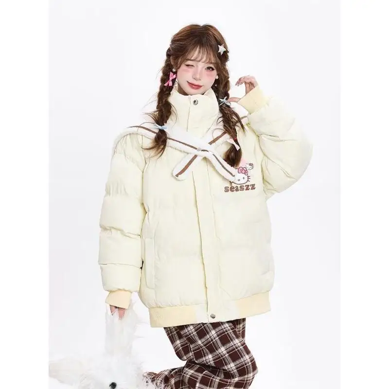 

Хлопковая куртка с морским воротником и зимней хлопковой курткой Kawaii, модная повседневная одежда в стиле аниме Sanrio Hello Kitty, осенний женский комплект