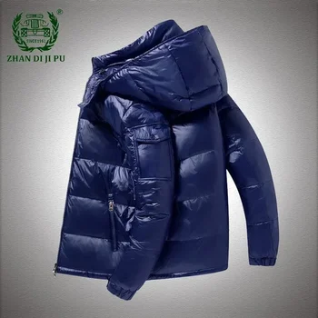 لامعة سميكة أسفل سترة الرجال الشتاء الدافئة مقنعين السترات الذكور عارضة فضفاضة مقاوم للماء بلون الأبيض بطة أسفل زوجين معاطف