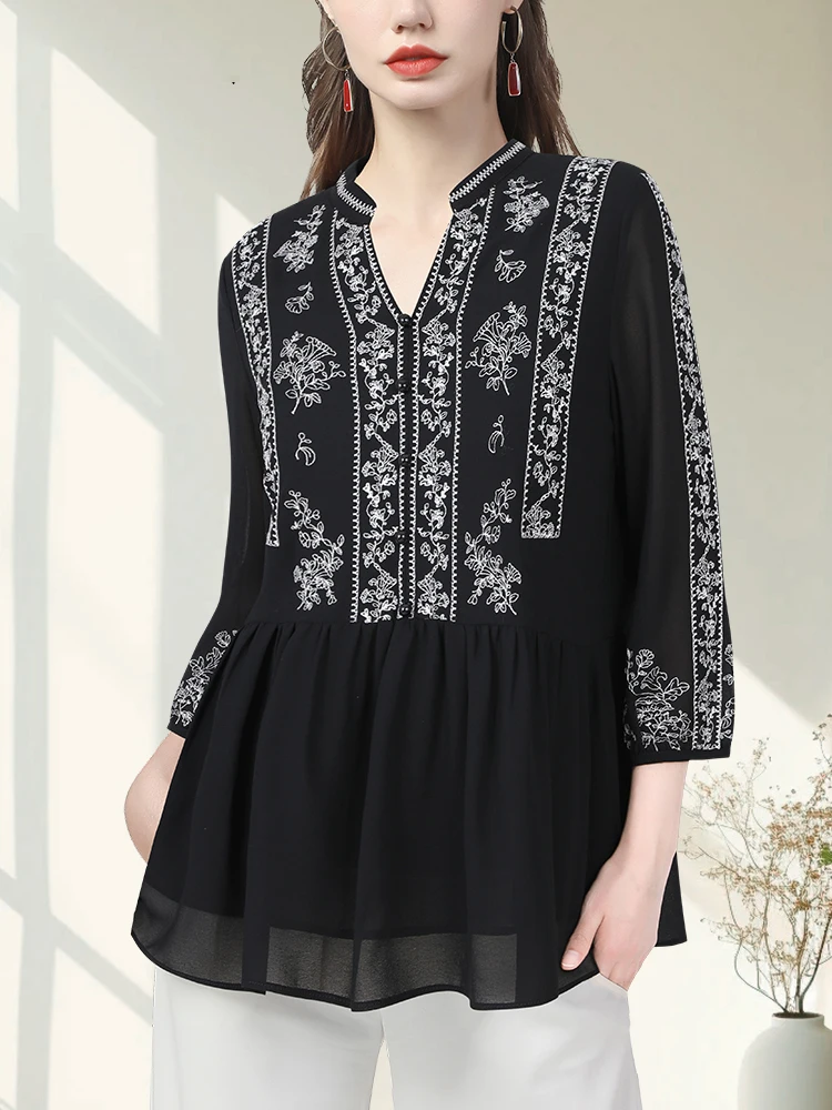 Vintage Embroidered Women Black Chiffon Blouse Women Loose Plus Size V-neck Short Sleeve Spring Summer Tops Female Tulle Shirts