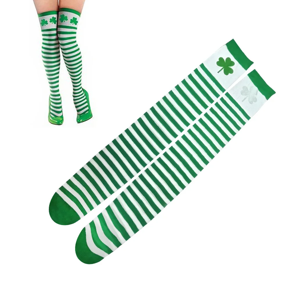 

1Pair Three Leaf Clover Socks Trendy Striped Thigh High Stockings Fine Fabric Comfortable Fit Add Charm to Your Wardrobe
