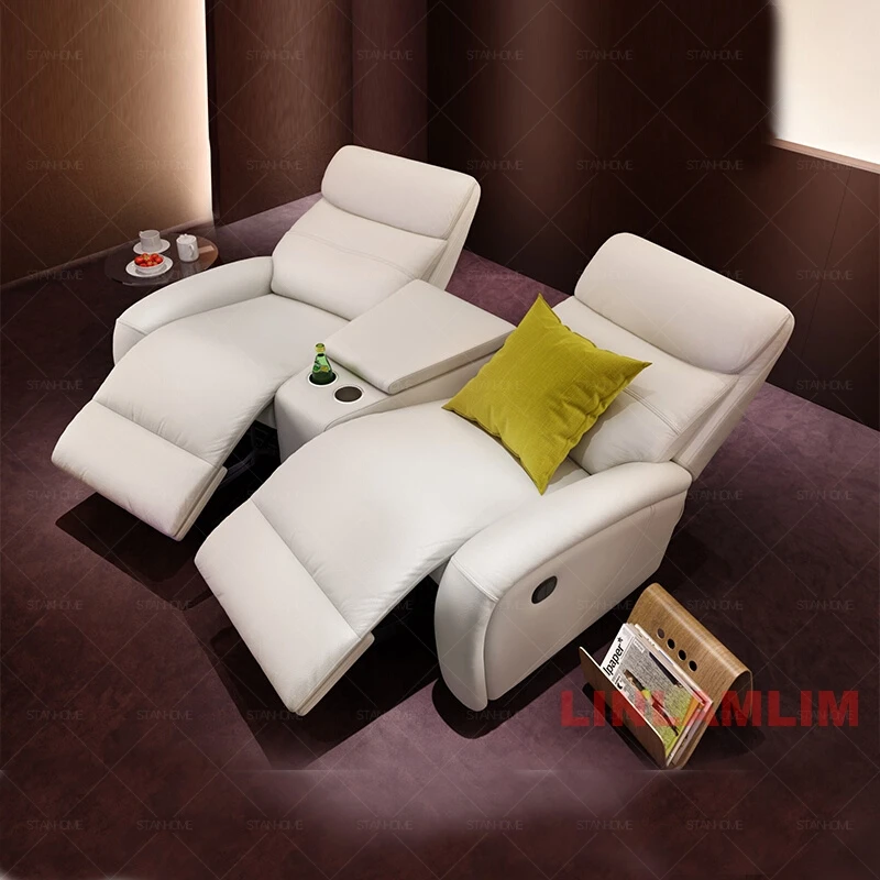 Modern Luxury Home Theater Recliner Sofa, Genuine Leather 3+2 Seating, Electric Reclining Chairs with Cup Holder for Cinema Room