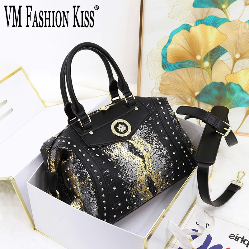 

New Arrival Snake Pattern Boston Women's Bag Motorcycle Style Rivet Diamond Large Capacity Top Handbag Can Cross-body Shoulder