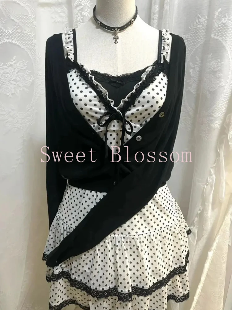 

Японский модный милый милый комплект из 2 предметов, женский шикарный кардиган + платье в горошек, новый костюм в стиле каваи, пушистый ретро-костюм, осень 2025 г.