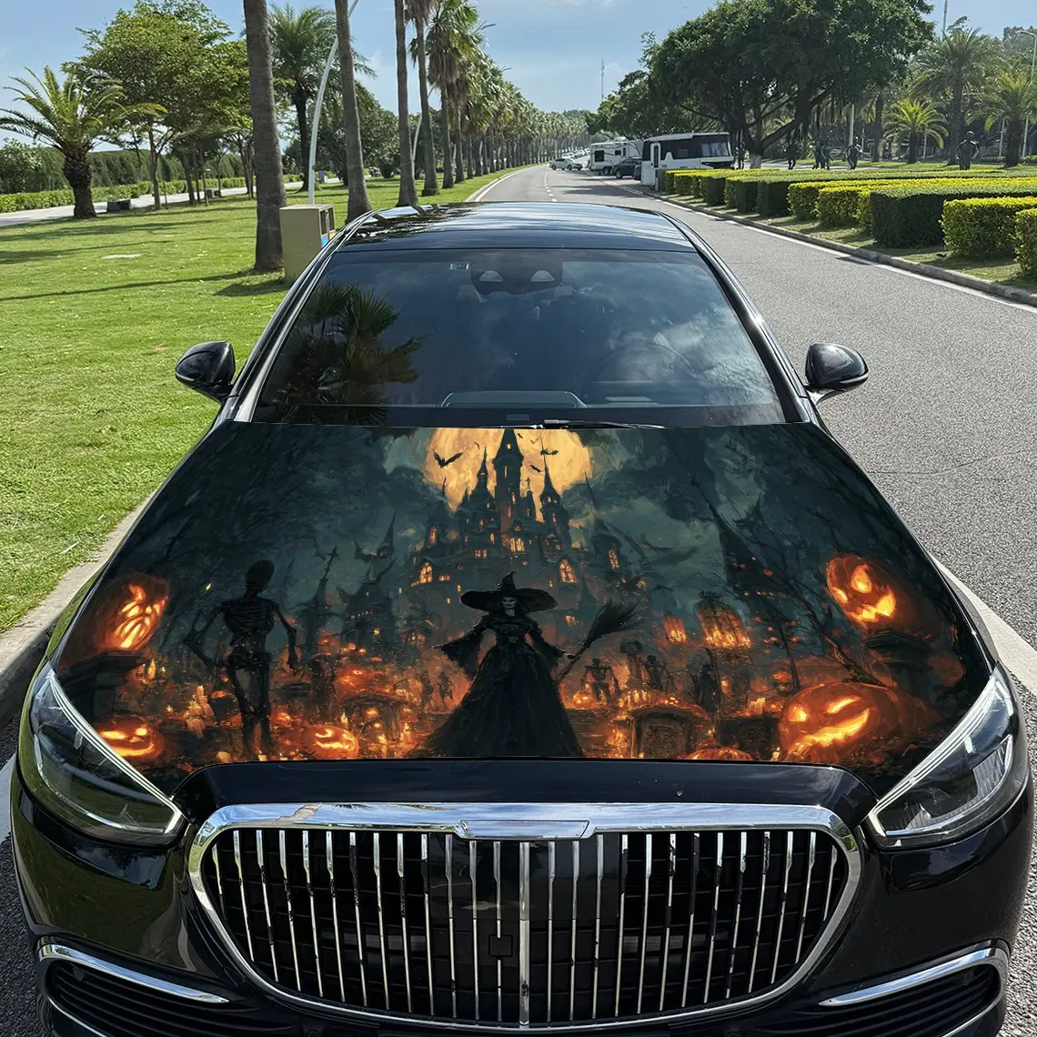 

Fantasy Halloween Night Car Vinyl Wrap, PVC Waterproof Car Hood Sticker, Self-Adhesive Scratch-Resistant Stickers for Engine Cov