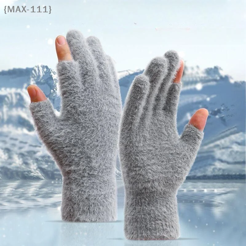 【F2-MAX111】1 Paar schwarz-graue, warme, fingerlose Winterhandschuhe – Touchscreen-kompatibel zum Schreiben, für Freizeitausflüge, Reiten, für Männer und Frauen