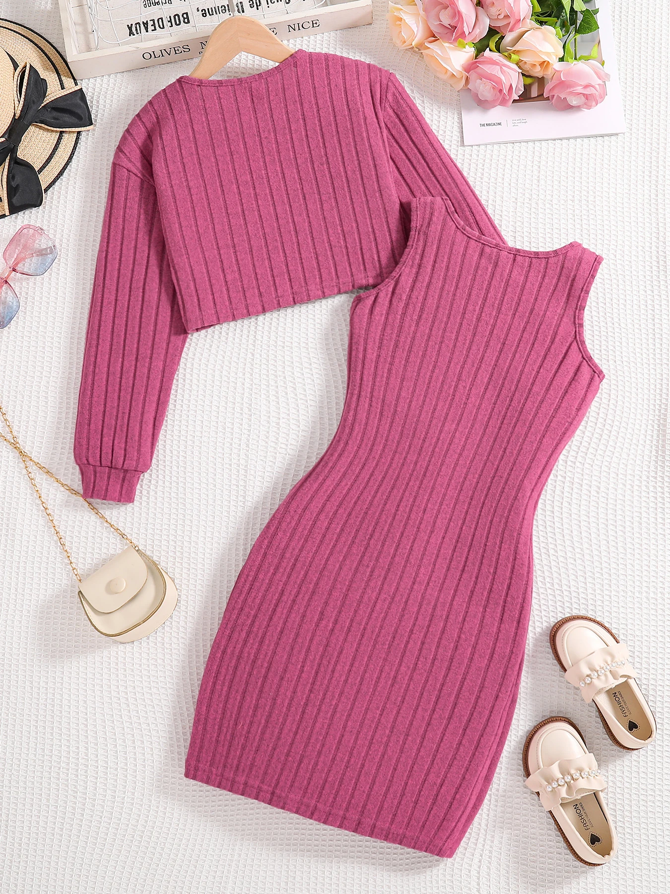 Spring and autumn new fashion knitted solid color pit strip round neck long sleeve shirt sleeveless casual dress 2-piece set