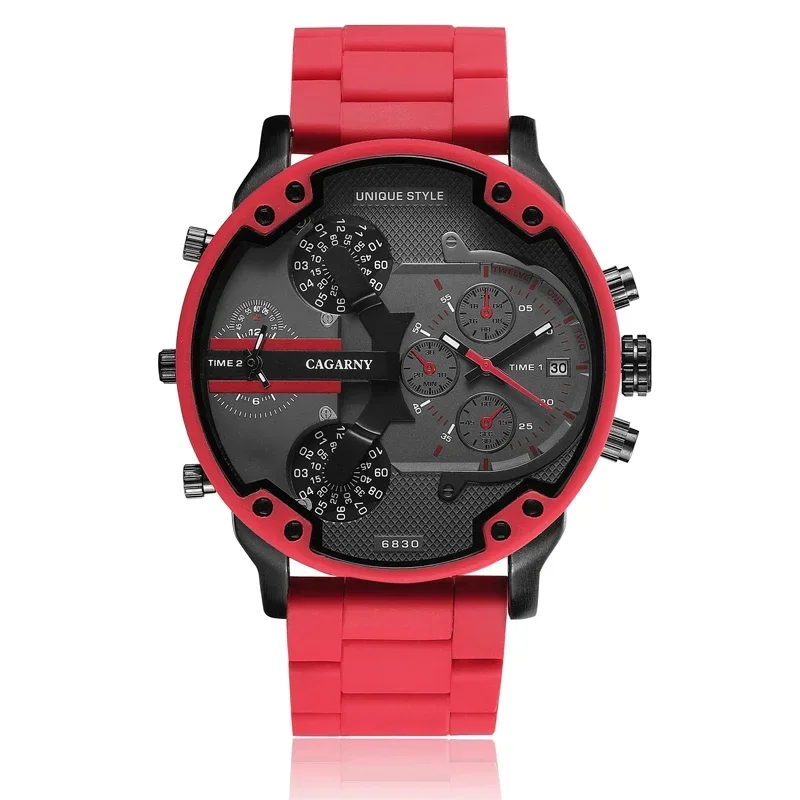 Dropshipping 57mm 3D Big Dial Red Watch Men Silicone Steel Band Mens Wristwatch Casual Quartz Watch 2 Time Military Reloj Hombre