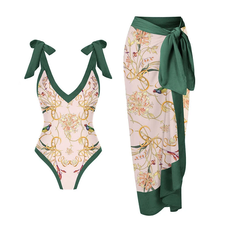 Bathing Suit Women Print Pattern Two-piece Bodysuit Lace Up Chiffon Cover-Ups Wrap Skirt Summer 2026 New Fashion Swimwear