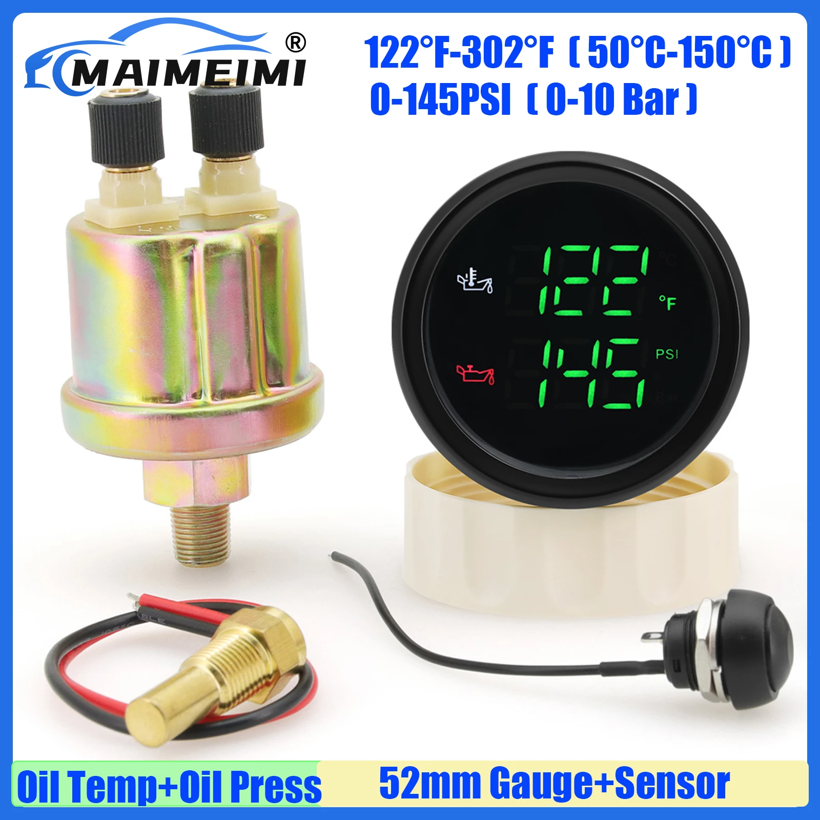 MAIMEIMI Red Green LED Digital Dual 52MM Gauge 50-150℃,122-382℉,0-10BAR,0-145PSI Oil Temp+Oil Pressure Gauge with Sensor Alarm