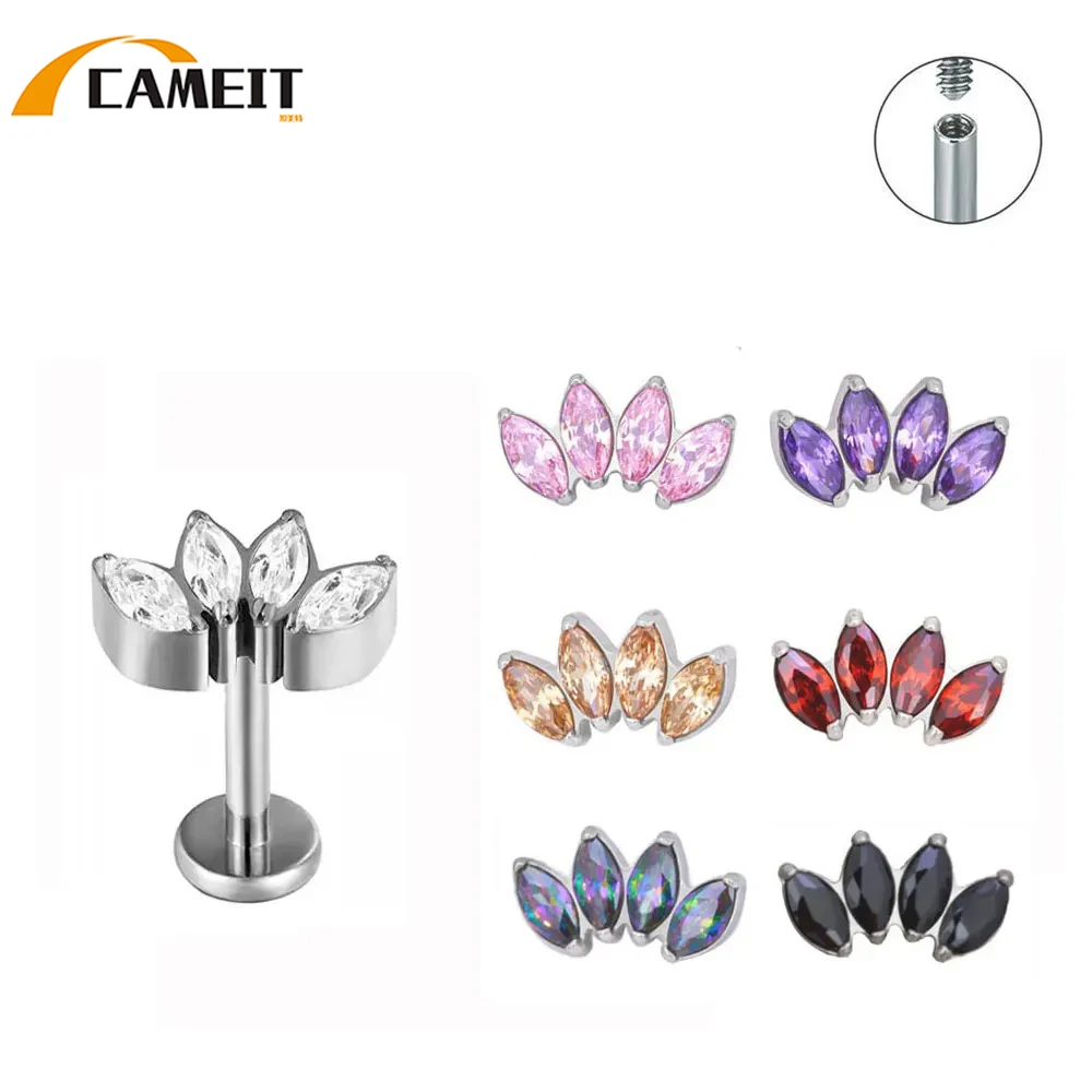 G23/ASTM F136 Titanium 4 CZ Blaze Set Tops G23 Titanium Internally Threaded Labret Ear Nose Body Piercing Jewelry