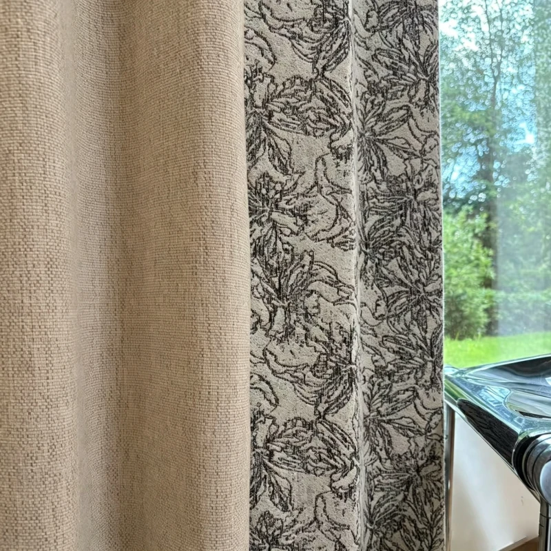 Black and White Lines Jacquard Stitching Chenille Cotton Blackout Curtains for Living Room Bedroom French Window Customized