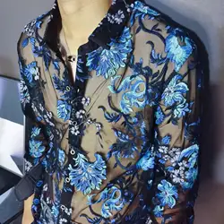 Camisa de malla transparente para hombre, camisa Sexy de lujo, de encaje bordado, manga larga, para fiesta y Club, 4xl