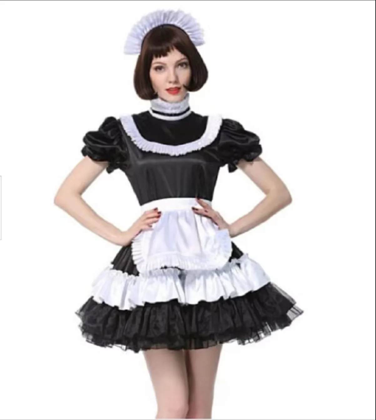 

French Sissy Vertical Collar Fluffy Short Sleeve Adult Maid Lockable Black Ruffle Satin Dress Custom