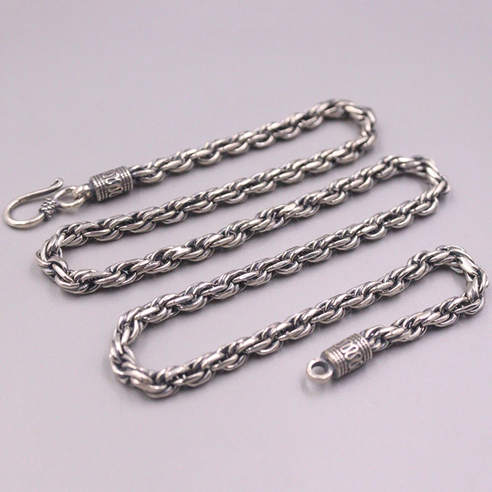 Pure Solid Sterling Silver S925 Chain 4.5mmW Twist Rope Necklace For Women Men 50cmL