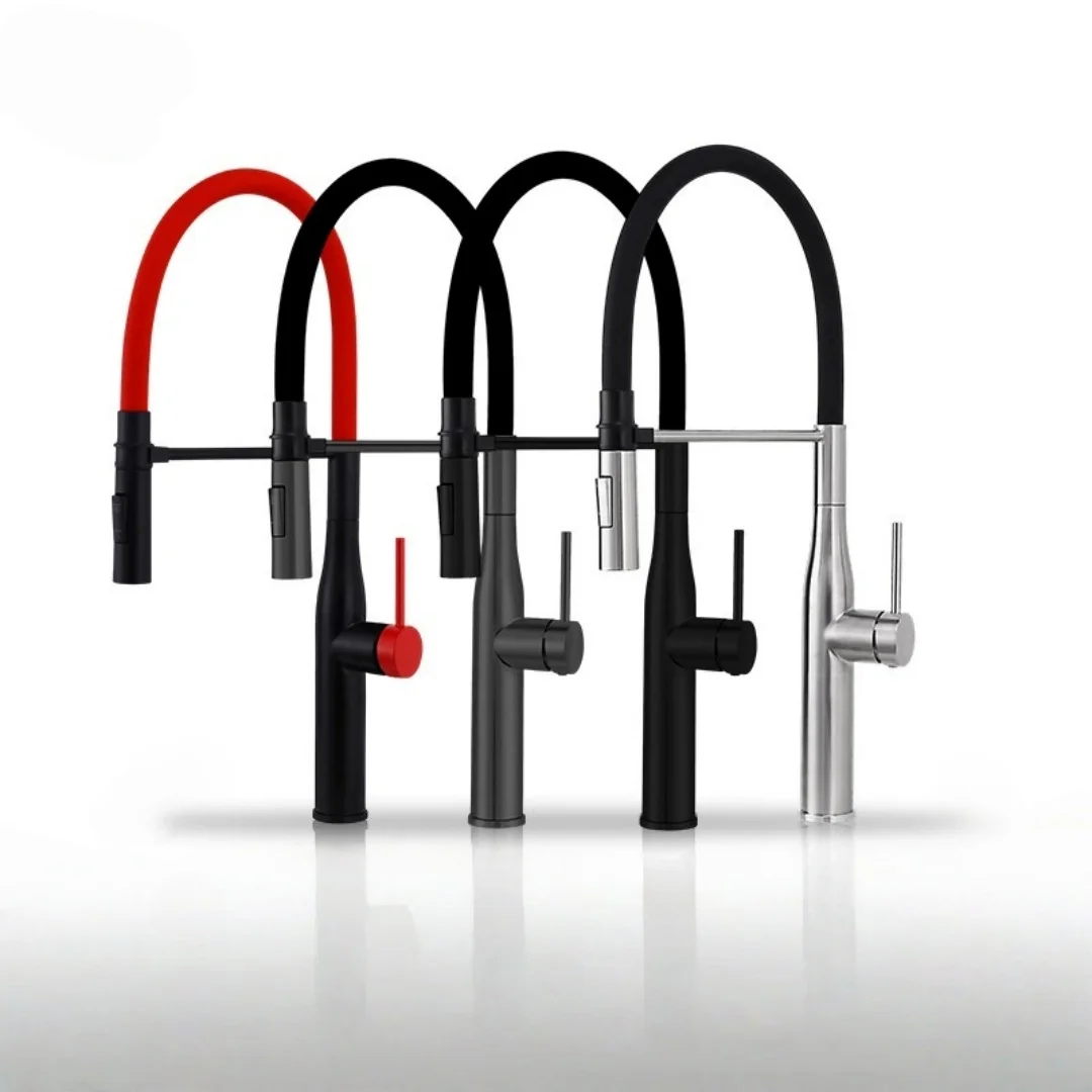 

Gray Pull Down Sink Faucet Brushed Nickel Kitchen Faucet Tap Hot and Cold Red Spring Faucet SUS304 Rotation Pull Down
