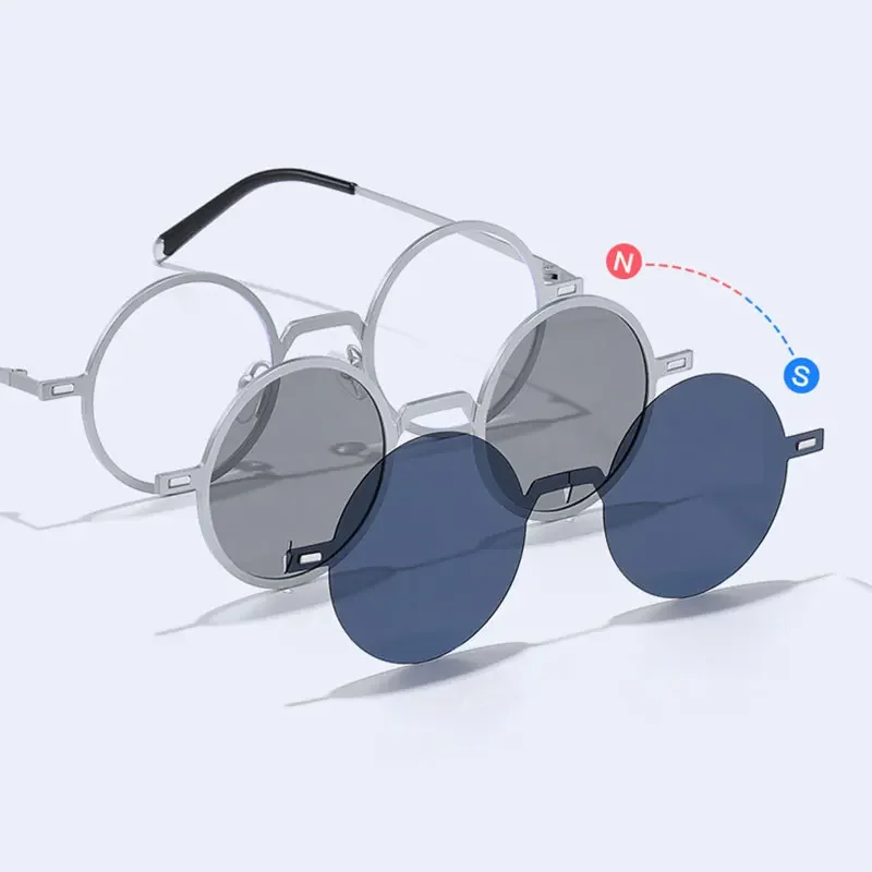 New Men's Myopia Glasses Adjustable Darkness Rotating Polarized  Round Magnetic Clip On Metal Frame Optical Lenses