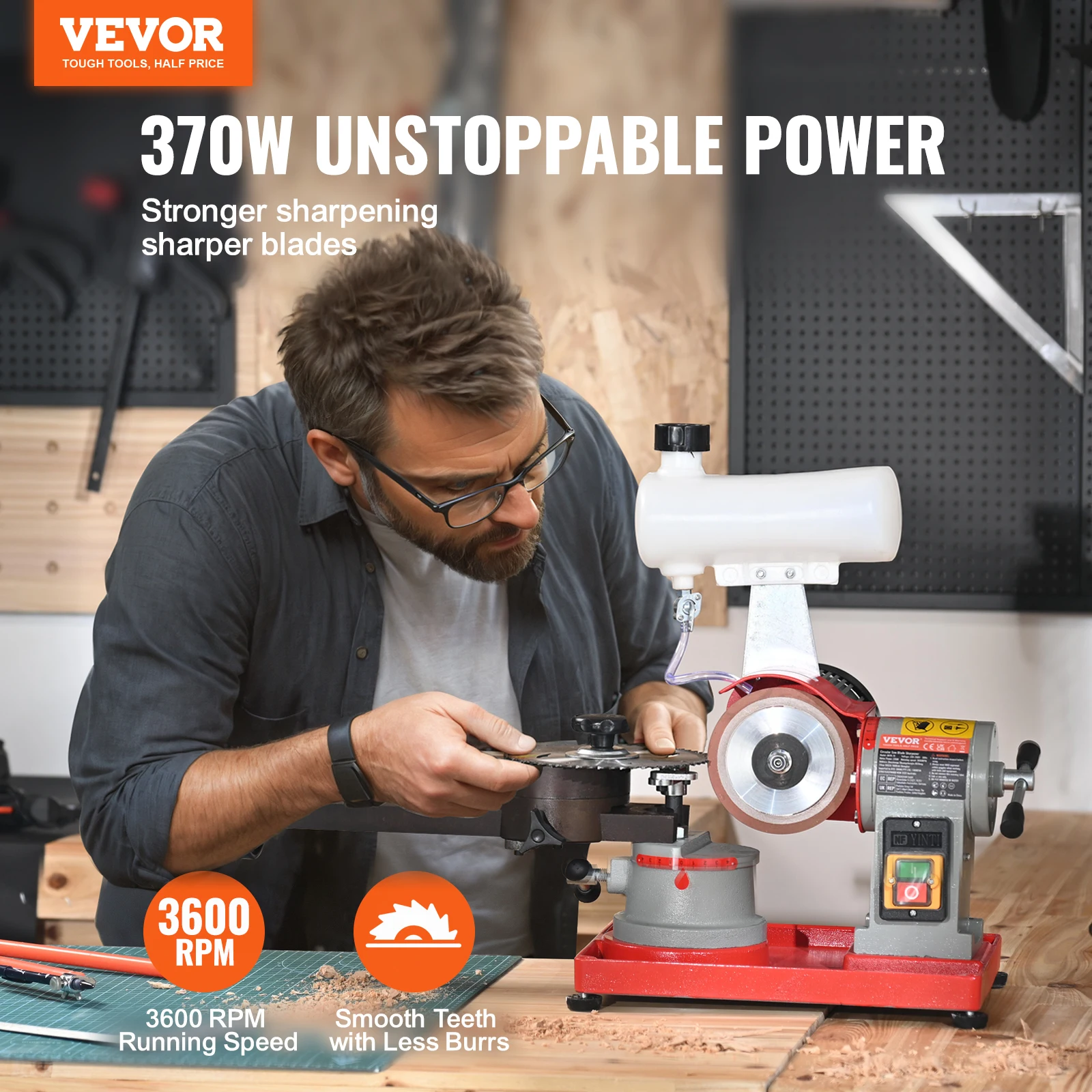 VEVOR Circular Saw Blade Sharpener 370W 3600RPM Water Injection Saw Blade Sharpening Machine Grinding Wheel for Carbide Tipped