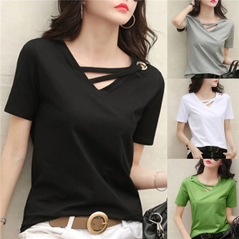 T-shirt estiva da donna a maniche corte T-shirt da donna con scollo a V e fasciatura allentata T-shirt casual in tinta unita