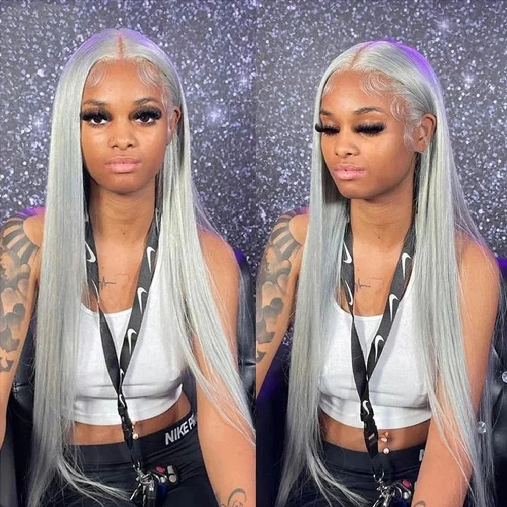 

Серебристо-серый парик из бразильских волос, 13x6, прямой, с кружевной передней частью, из натуральных волос, предварительно выщипанный, 13x4, с кружевной фронтальной частью