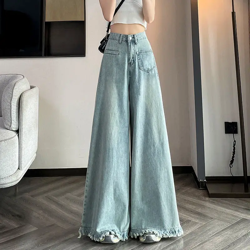 

Fringed Burrs Wide Leg Jeans Women's Spring Autumn New Pants High Waist Loose Slimming Denim Trousers Street Wear