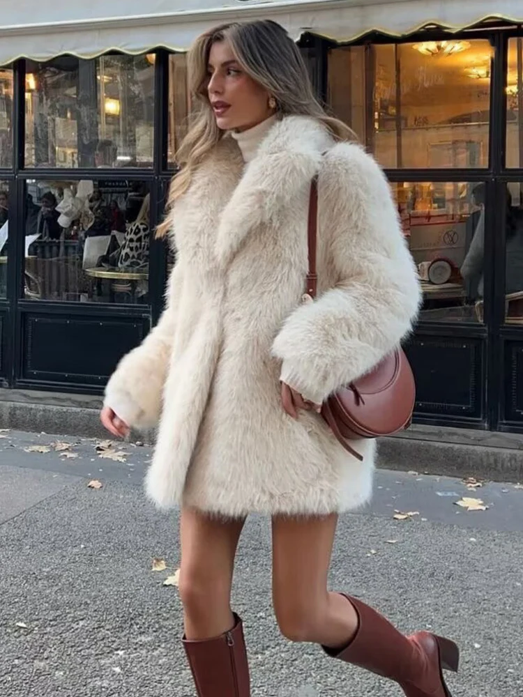 HH Women's Winter New Fashion Lapel Solid Pockets Long Sleeves Fur Coats Female Vintage High Street Causal Warm Fur Jacket