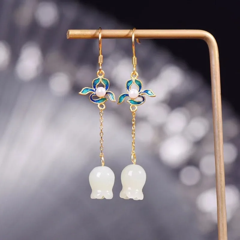 

Magnolia Flower Gold Silk Jade Earrings Guochao Explosion Niche Design Temperament Elegant Style New Earrings Women