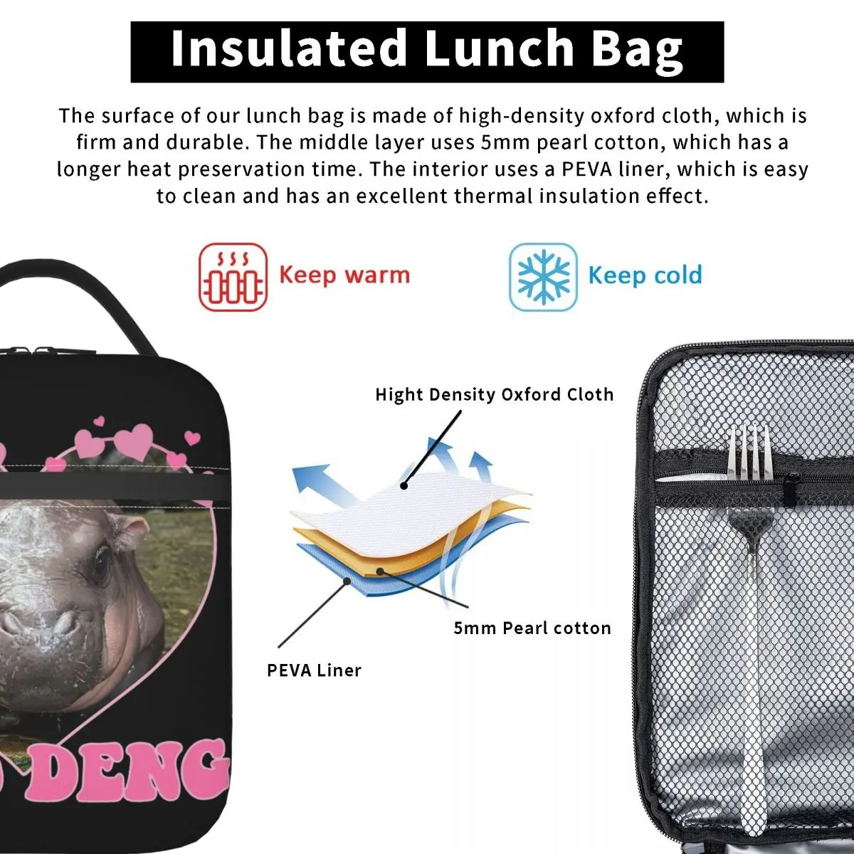 Moo Deng-fiambrera térmica portátil para niños, bolsa de almuerzo con aislamiento, almacenamiento de animales para bebés, Enfriador de alimentos, Bento Box para la escuela y la Oficina