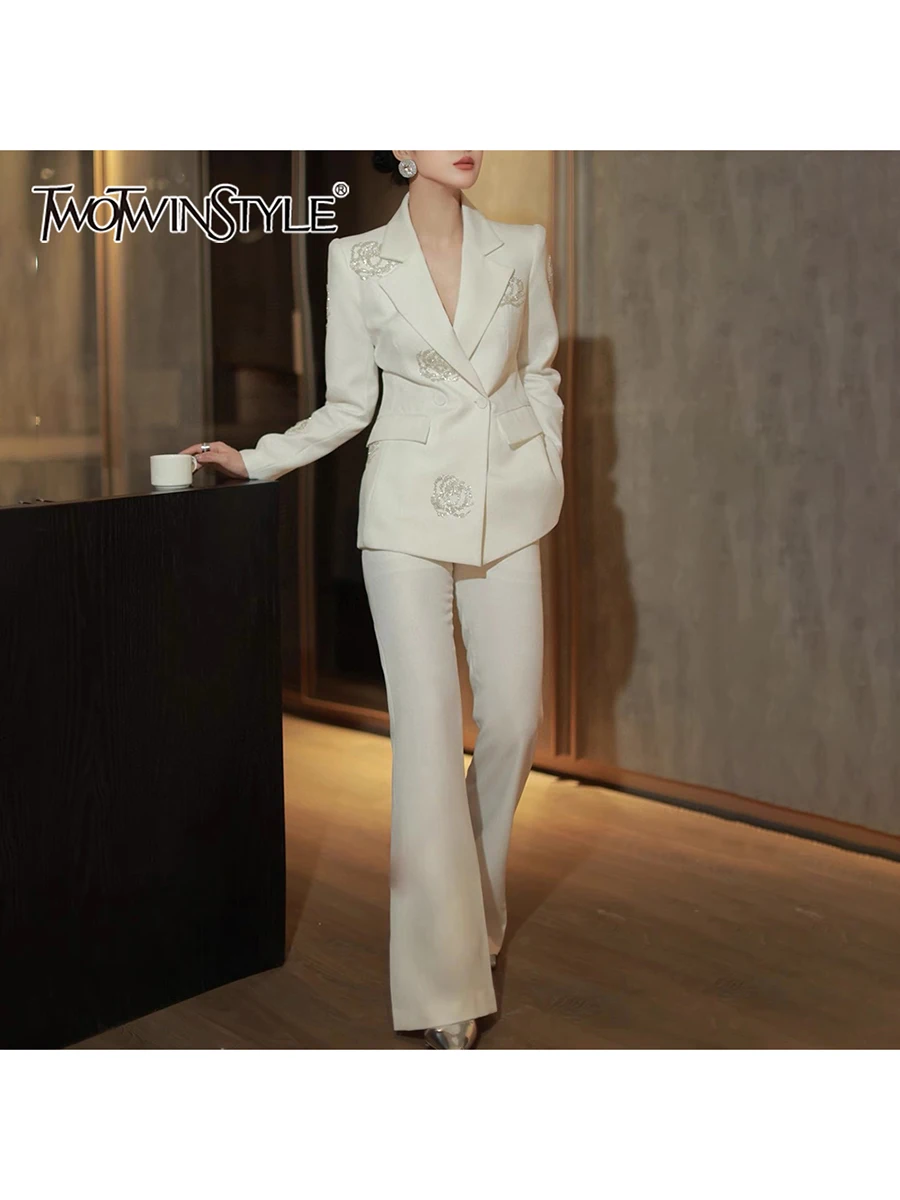 TWOTWINSTYLE Solid Elegant Two Piece Sets for Women Lapel Long Sleeves Spliced Sequins Blazer High Waist Pant Set Female Fashion