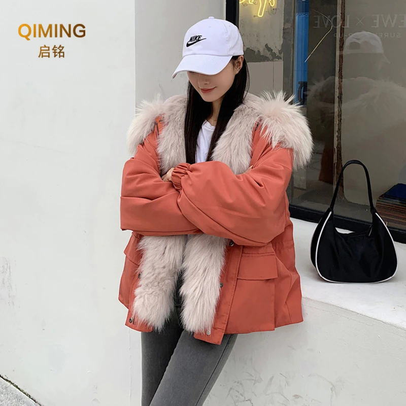 Parka Real Fur Coat Women Raccoon Fur Collar Lined Coat Fox Fur Coat Winter Ladies Rex Rabbit Hair Detachable Liner Short Coats