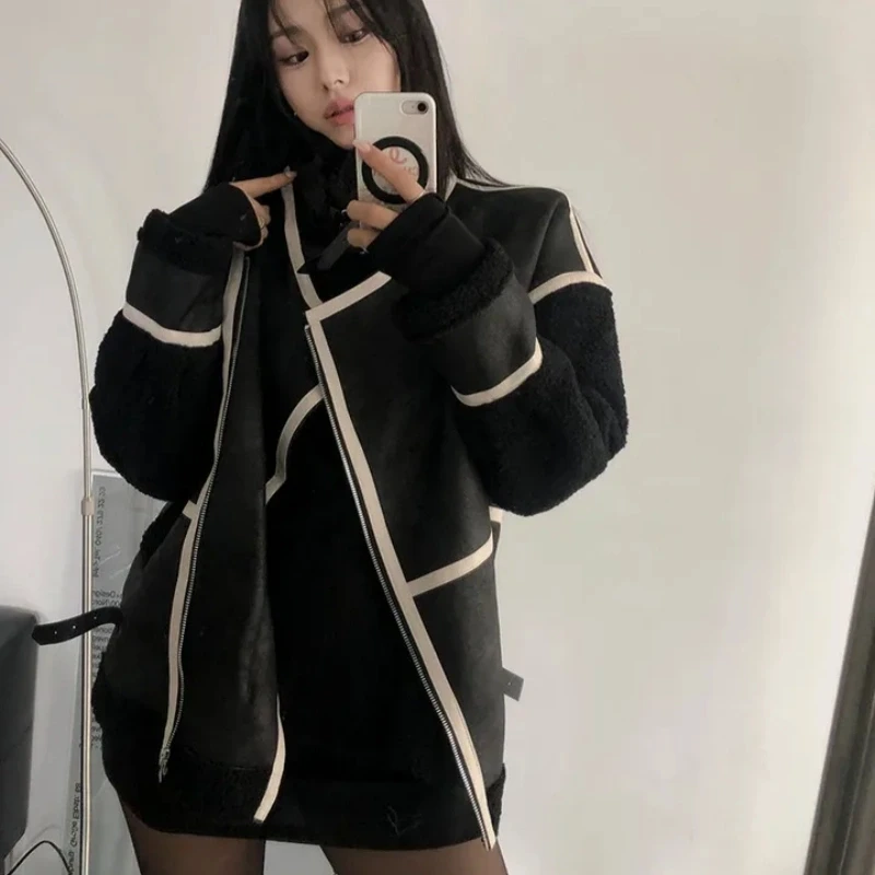 

Женское байкерское джето, осенне-зимнее замшевое пальто из овечьего меха с внутренней подкладкой, длинное пальто средней длины све