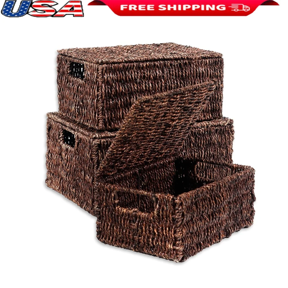 

Set of 3 Rectangular Seagrass Storage Baskets with Lids Bedroom Kitchen Laundry Room Natural Earthy Decor Handles