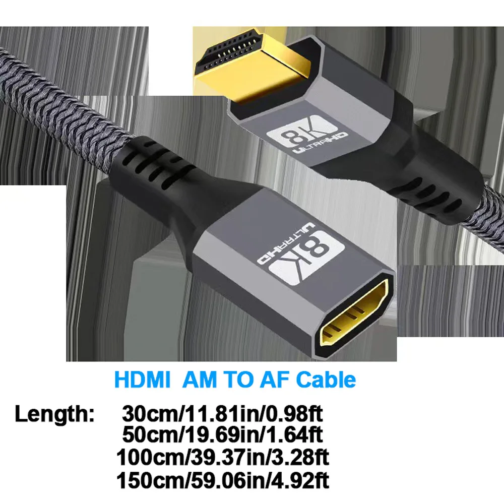 كابل توسيع HDMI 8K 4K، كابل HDMI 2.1 ذكر إلى أنثى، جديلة نايلون 0.3M-1.5M، 8K@60 هرتز 4K@120 هرتز 48 جيجابت في الثانية لأجهزة الكمبيوتر والتلفزيون