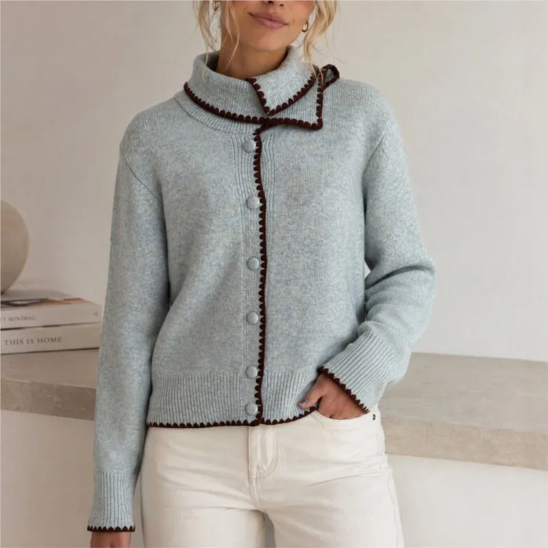 Fashion Lapel Cardigan Sweater Women's Vintage Stripes Jumper Knitwear Long Sleeves Soft Cozy Sweaters Autumn Winter Clothes