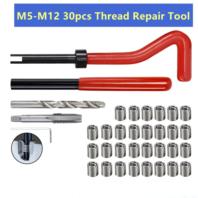 30Pcs Metric Thread Repair Kit M5 M6 M8 M10 M12 Screw Thread Inserts for Restoring Damaged Threads Repair Tools Drill Bit Kit