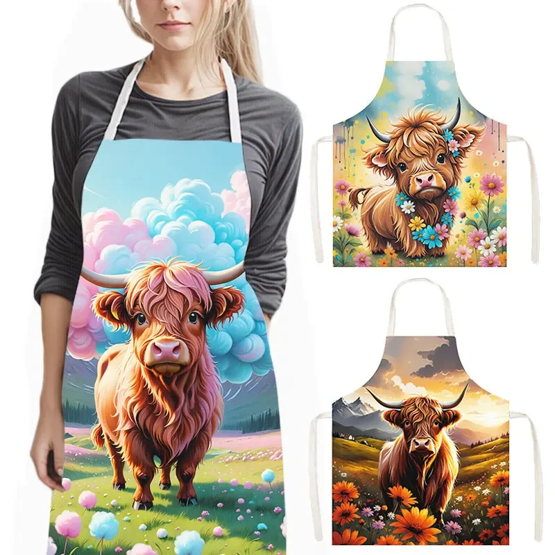 Cute Animal Highland Cow Print Cooking Apron Women Men Baking Home Cleaning Clothes Aprons Chef Waiter Barber Pinafore Gift