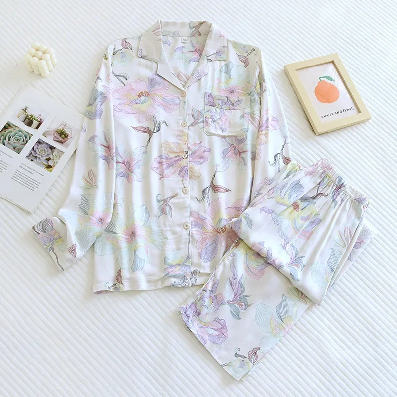 Spring Long Sleeve Printed Floral Loungewear Loose Fresh High-end Cotton Silk Pajamas Satin Soft and Smooth Ladies Pijama Set