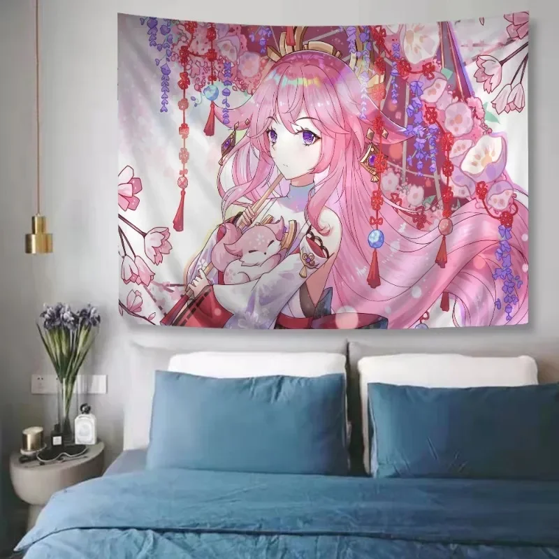 Genshin Impact Yae Miko Anime Tapestry Hippie Flower Wall Carpets Dorm Decor Cheap Hippie Wall Hanging