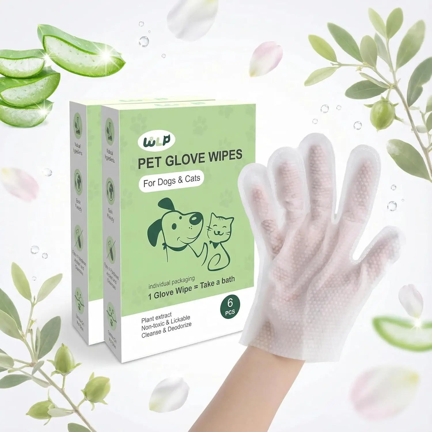 

Pet Glove Wipes for Dogs & Cats, Hypoallergenic Cleaning Deodorizing Grooming, Individually Wrapped with Aloe & Jojoba Oil, 12 PCS