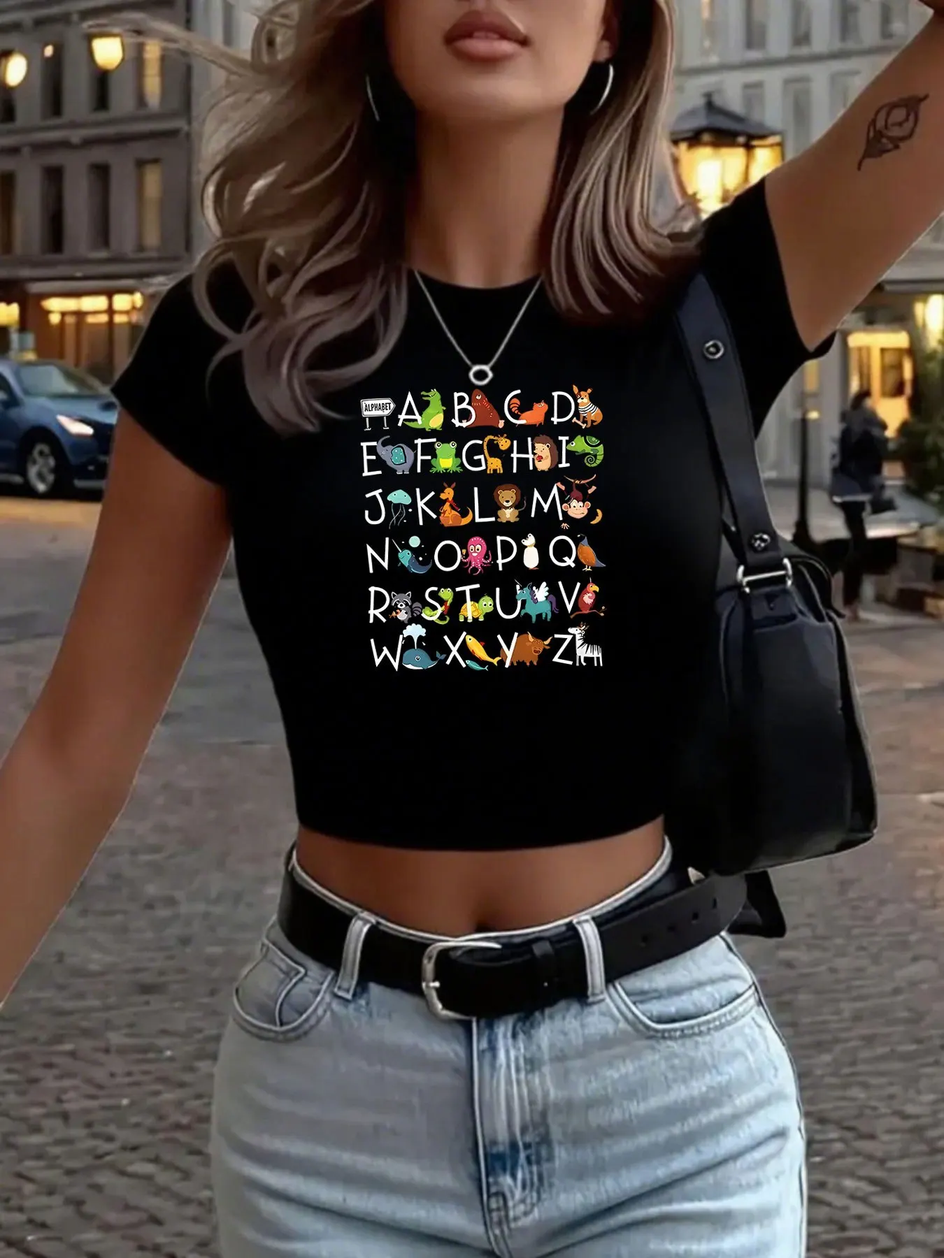 Trendy Short Printed Women Featuring Creative Floral Letter Designs Sexy Fitted Crop That Reveal The Waist Classic Three-Color