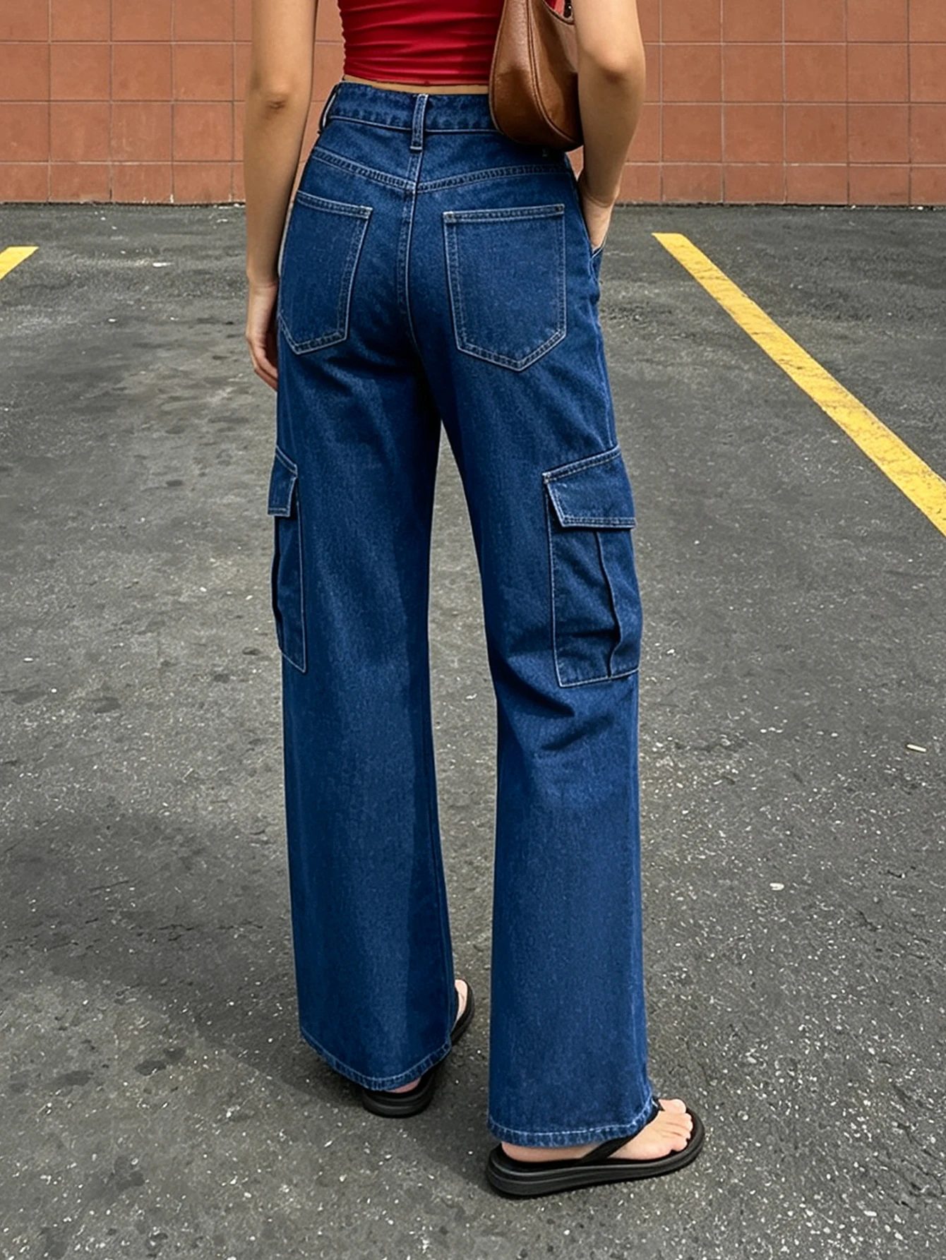 Retro dark blue workwear wide leg jeans for women high waist slim straight floor mopping trousers street casual