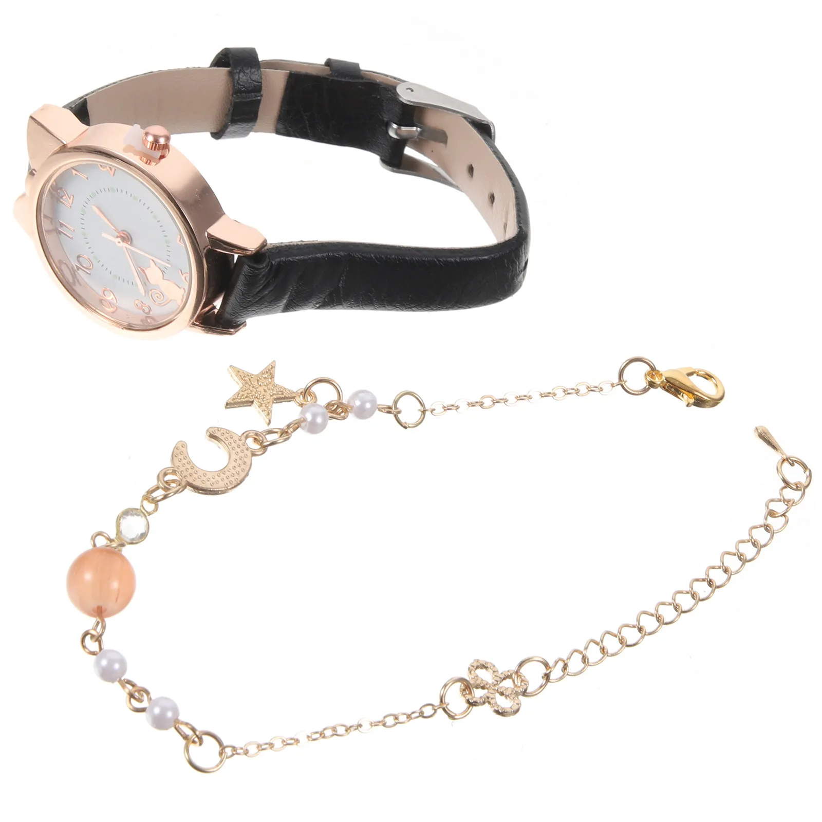 

1 комплект кварцевых часов с браслетом для женщин, декоративные модные часы с изображением кошки, луны и звезд, на день рождения, Рождество, для женщин