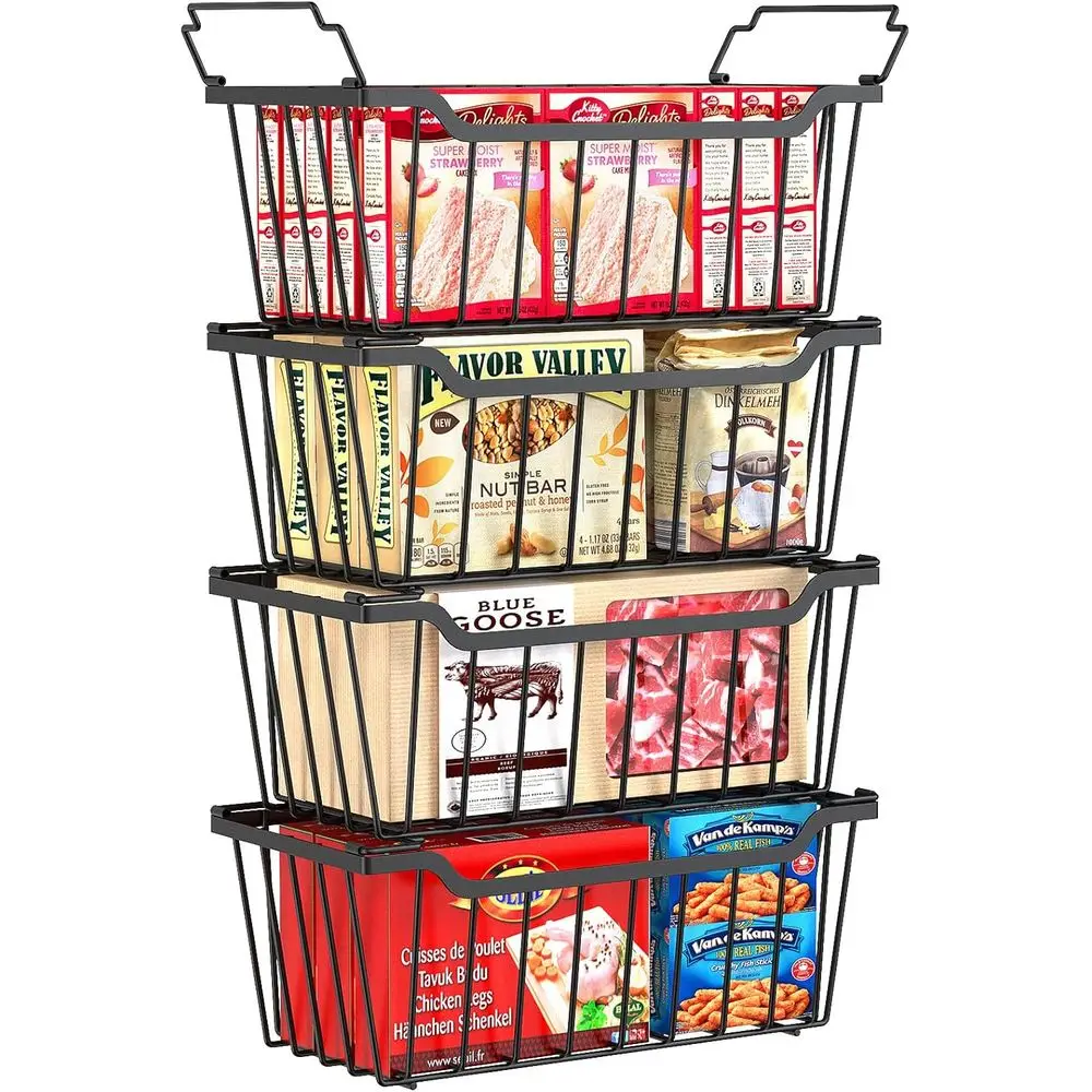 4 Pack Stackable Chest Freezer Organizer, 5-7 Cu. Ft. Deep Freezer Sort Frozen Meats and Food, Storage Baskets with Handles Easy