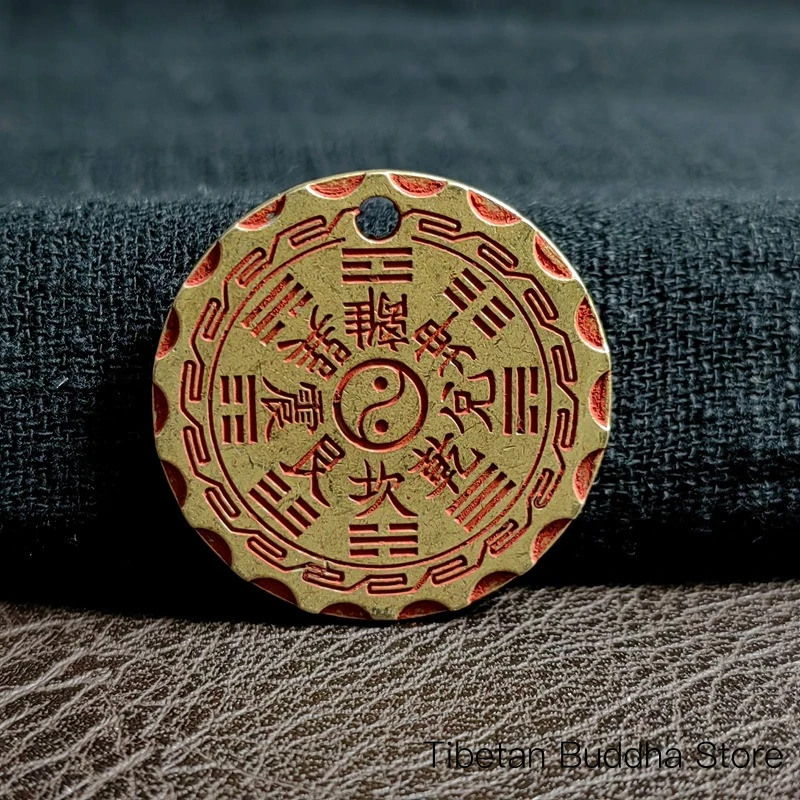 New vintage brass coin with mountain ghost and Bagua design, cinnabar amulet coin pendant, pure copper carved keychain tag