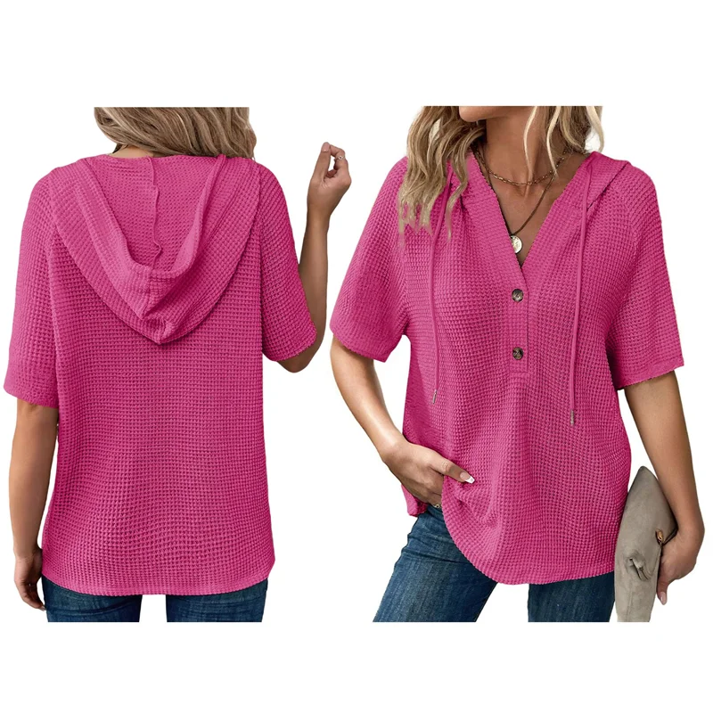 

A09P Womens Summer Tops Waffle Knit Short Sleeve Drawstring Hoodies Button V Neck Casual Blouses Shirts
