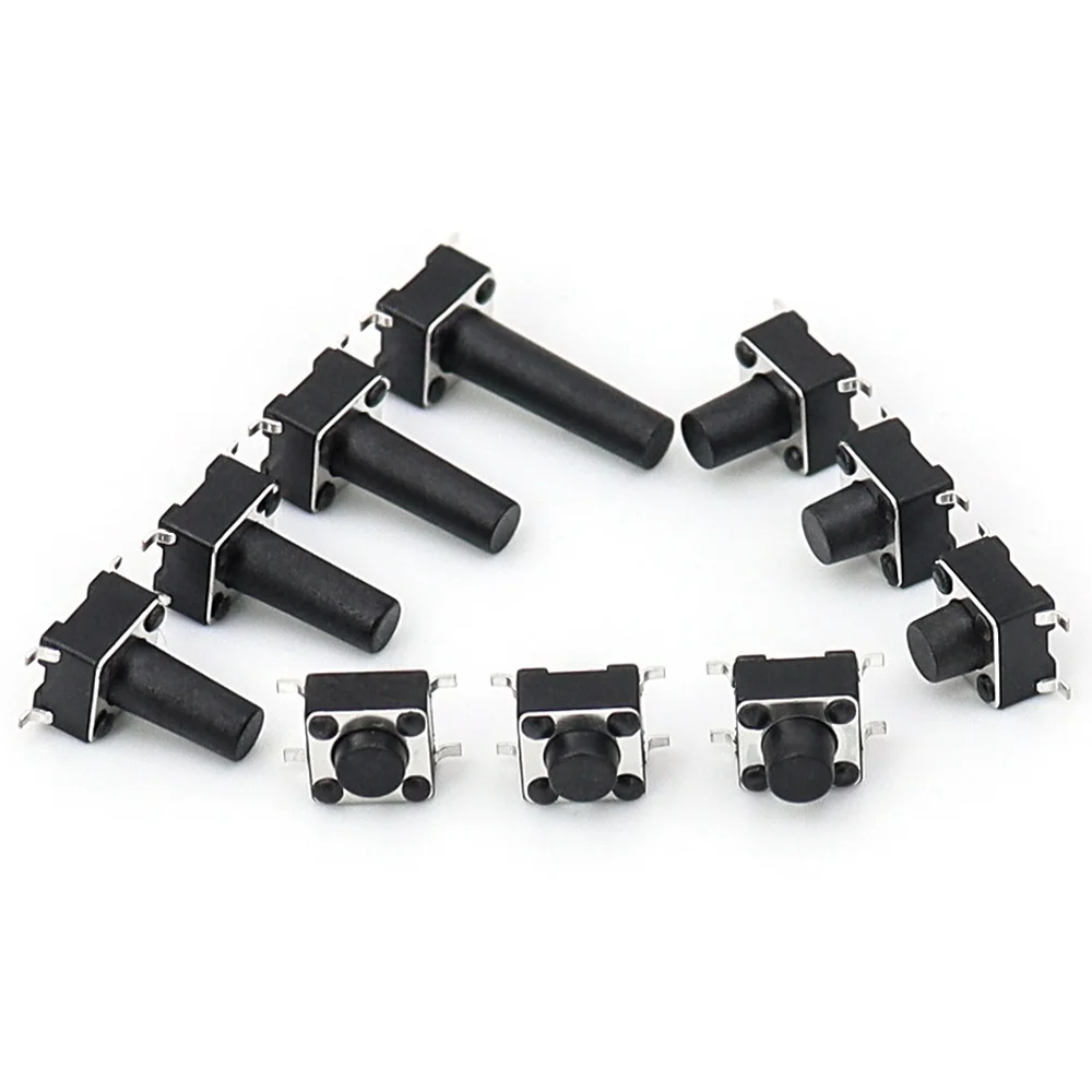 

100 шт. SMD тактовых переключателей 6x6x4.3, 6x6x4.5, 6x6x4.8, 6x6x5, 6x6x6.5, 6x6x7, 6x6x7.5, 6x6x8, 6x6x8.5, 6x6x9, 6x6x10, 6x6x11, 6x6x12