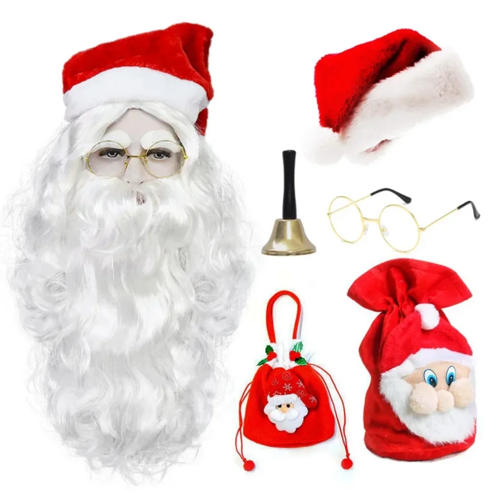 

Christmas Cosplay Santa Claus Disguise Wig Beard Hat Set Candy Bag Adult Stage Performance Dress Up Prop Carnival Party Roleplay