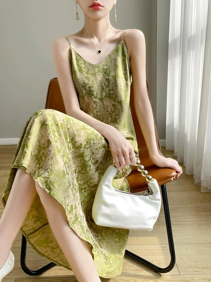 Jupe longue en Satin de soie imprimé V-Ne Strapl Dr, pour les déplacements d'été, sans manches, pour la plage, Vaion, voyage, acétate faionable