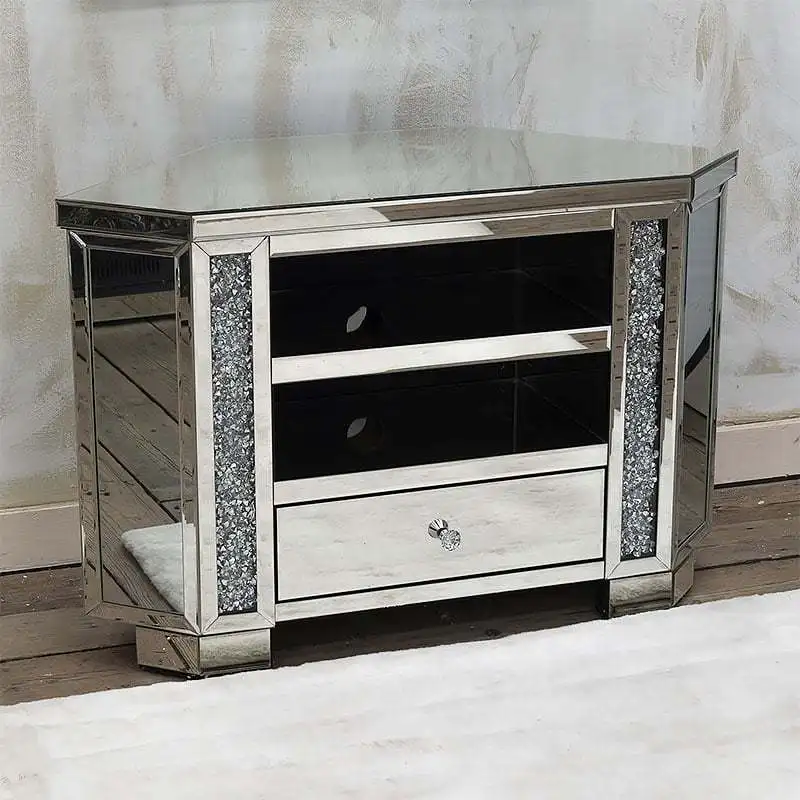Sparkling Luxury Broken Diamonds 1 Drawer Mirror Glass TV Station Media Unit