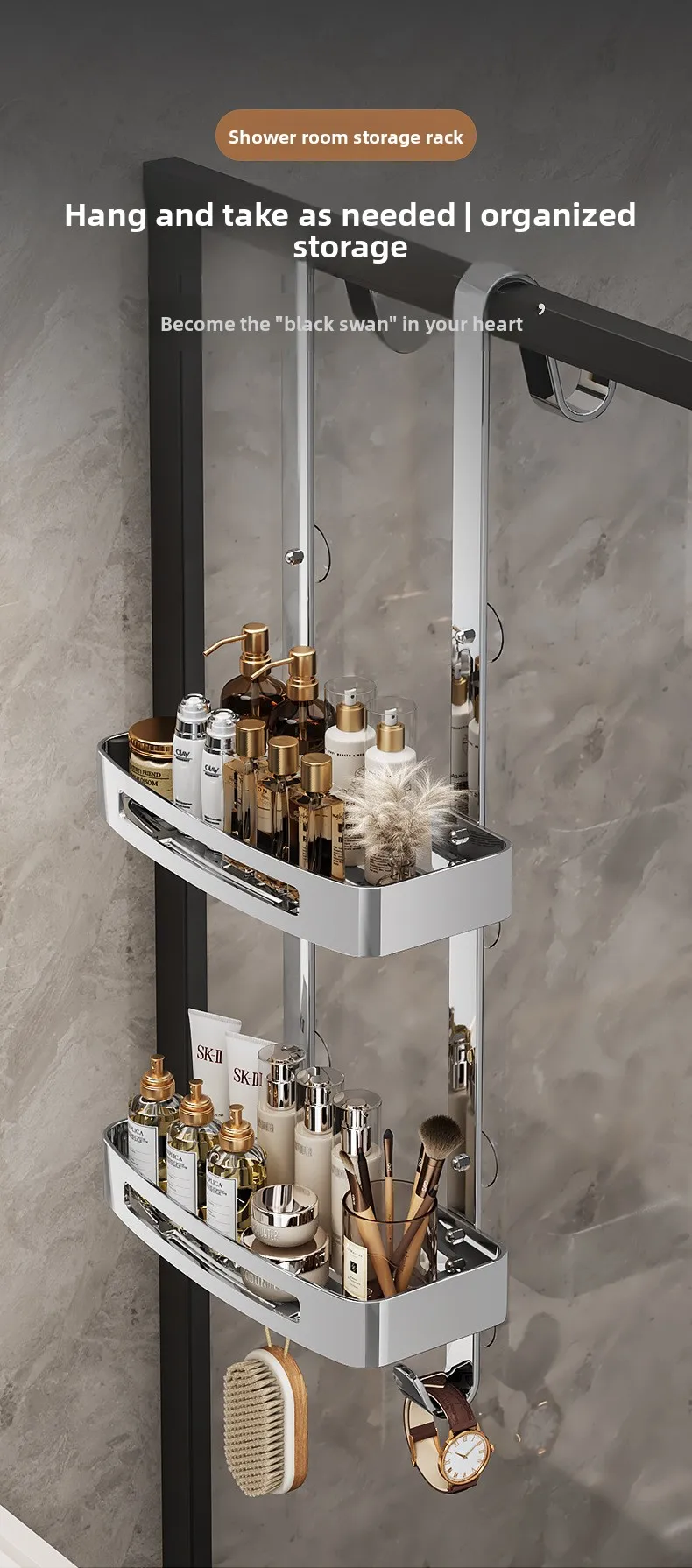 YOTO Premium Stainless Steel Minimalist Design 2-tier Freestanding Hanging Bathroom Shelf Shower Room Rack Drill-free Bath