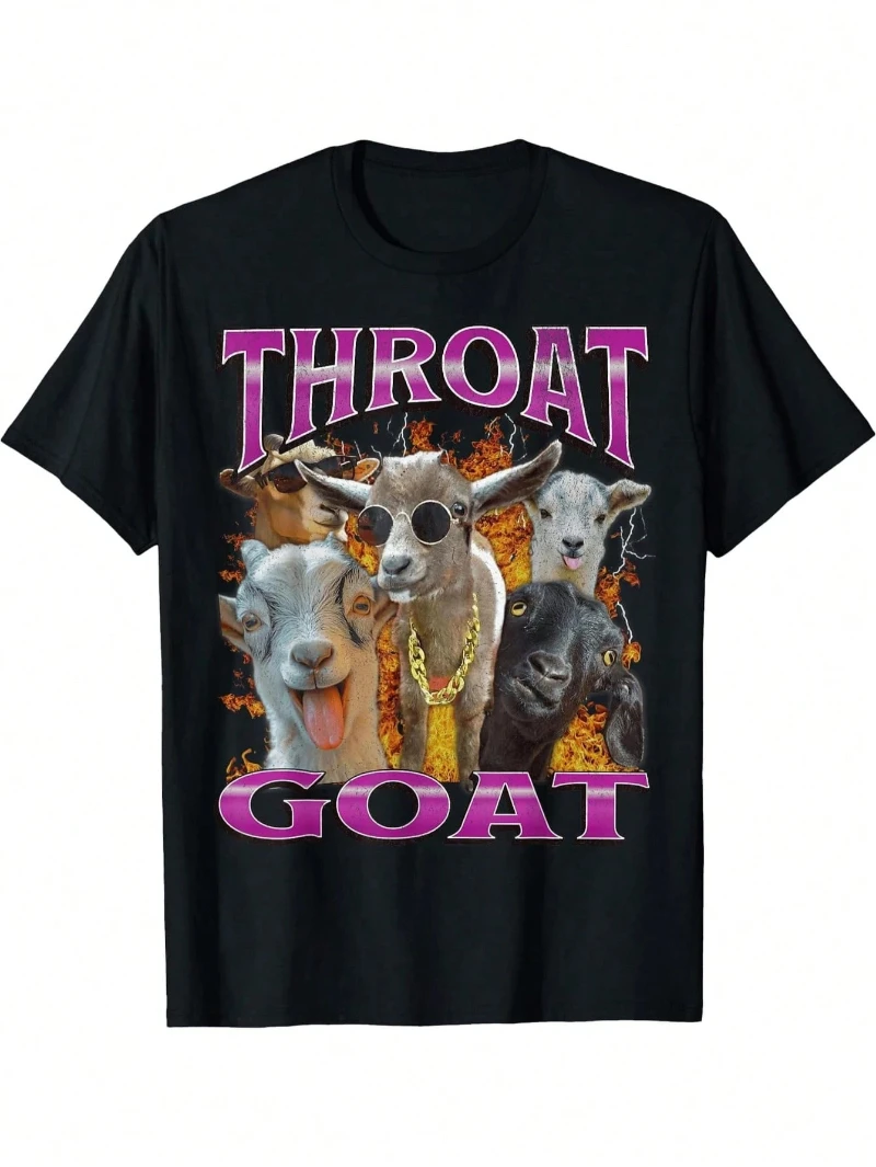 

Funny "Throat Goat" Y2K Graphic Printed T-shirt with Eye-catching Purple Letters and Playful Goat Pattern